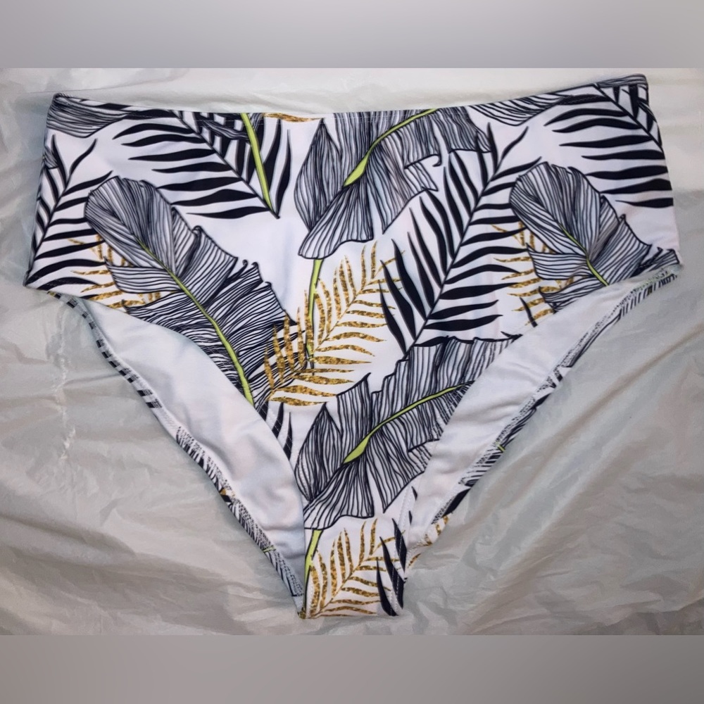 SHEIN Women’s Tropical Palm Tree black green yellow print XL Bikini Bottom NWOT
